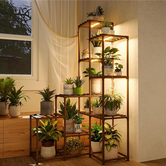 Elevate Your Greenery: The Bamworld Corner Plant Stand with Grow Lights
