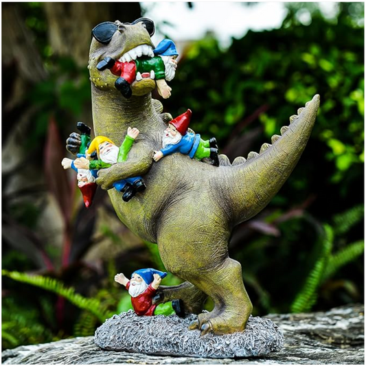 A Roaring Good Time: The Large Dinosaur Eating Gnomes Garden Statue