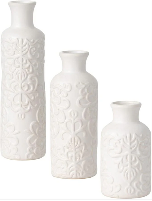 Timeless Elegance: The Sullivans Small White Embossed Ceramic Vase Set for Modern Decor
