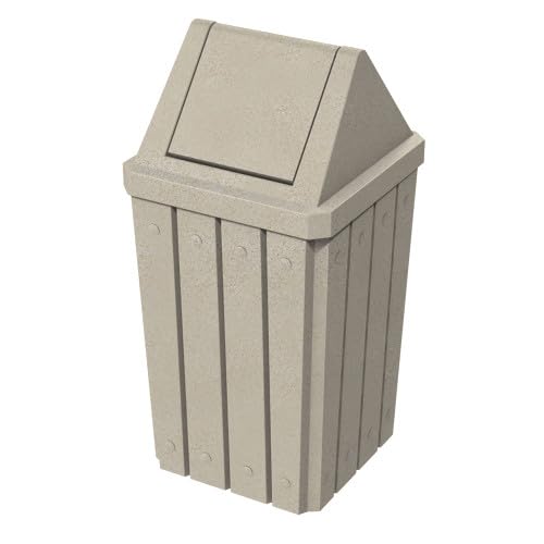 32 Gallon Square Slatted 100% Recycled Plastic Heavy Duty Outdoor Commercial Trash Can with Swing Top Lid | Great for Schools and Businesses - Beige Granite