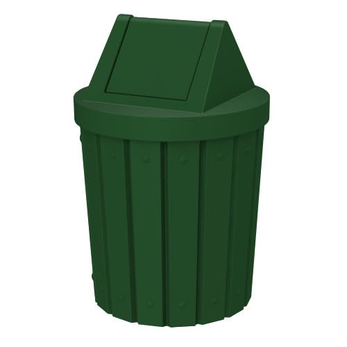 42 Gallon Round Slatted 100% Recycled Plastic Indoor or Outdoor Commercial Trash Can with Easy Access Swing Top Lid | Great for Schools and Businesses - Green