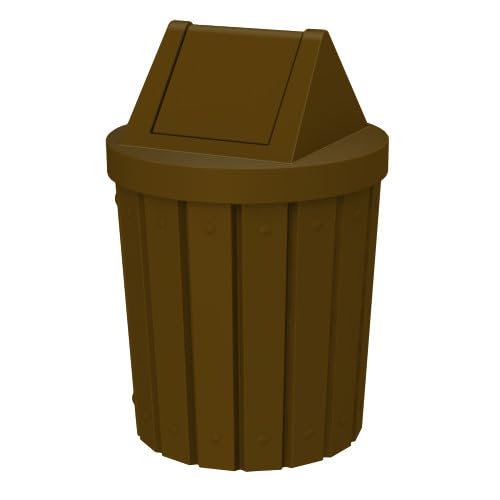 42 Gallon Round Slatted 100% Recycled Plastic Indoor or Outdoor Commercial Trash Can with Easy Access Swing Top Lid | Great for Schools and Businesses - Brown