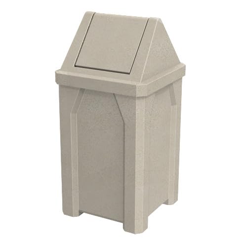 32 Gallon Square 100% Recycled Plastic Heavy Duty Outdoor Commercial Trash Can with Swing Top Lid | Great for Schools and Businesses - Beige Granite