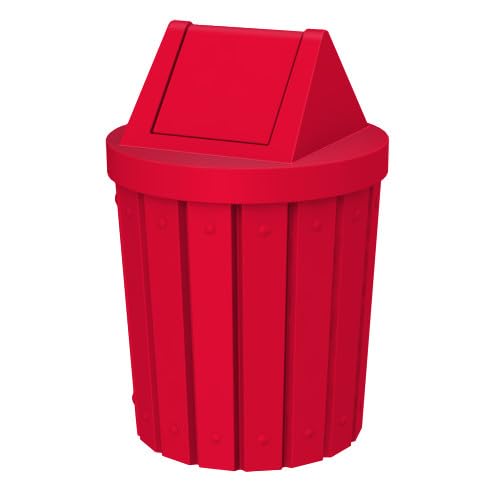 42 Gallon Round Slatted 100% Recycled Plastic Indoor or Outdoor Commercial Trash Can with Easy Access Swing Top Lid | Great for Schools and Businesses - Red