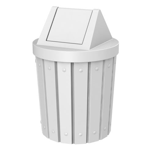 42 Gallon Round Slatted 100% Recycled Plastic Indoor or Outdoor Commercial Trash Can with Easy Access Swing Top Lid | Great for Schools and Businesses - White