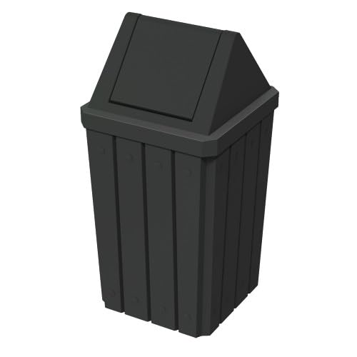 32 Gallon Square Slatted 100% Recycled Plastic Heavy Duty Outdoor Commercial Trash Can with Swing Top Lid | Great for Schools and Businesses - Black