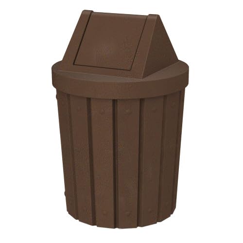 42 Gallon Round Slatted 100% Recycled Plastic Indoor or Outdoor Commercial Trash Can with Easy Access Swing Top Lid | Great for Schools and Businesses - Brown Granite
