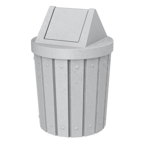 42 Gallon Round Slatted 100% Recycled Plastic Indoor or Outdoor Commercial Trash Can with Easy Access Swing Top Lid | Great for Schools and Businesses - Light Granite