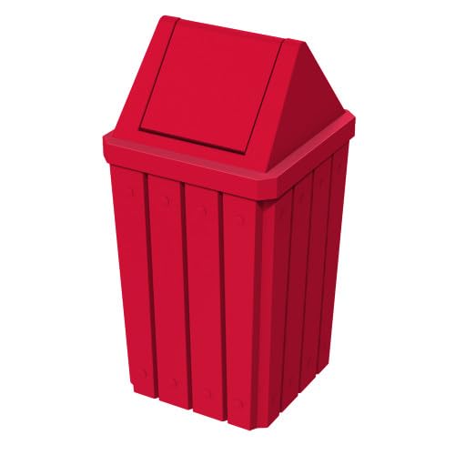 32 Gallon Square Slatted 100% Recycled Plastic Indoor or Outdoor Commercial Trash Can with Easy Access Swing Top Lid | Great for Schools and Businesses - Red