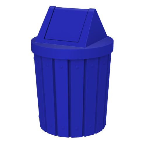 42 Gallon Round Slatted 100% Recycled Plastic Indoor or Outdoor Commercial Trash Can with Easy Access Swing Top Lid | Great for Schools and Businesses - Blue