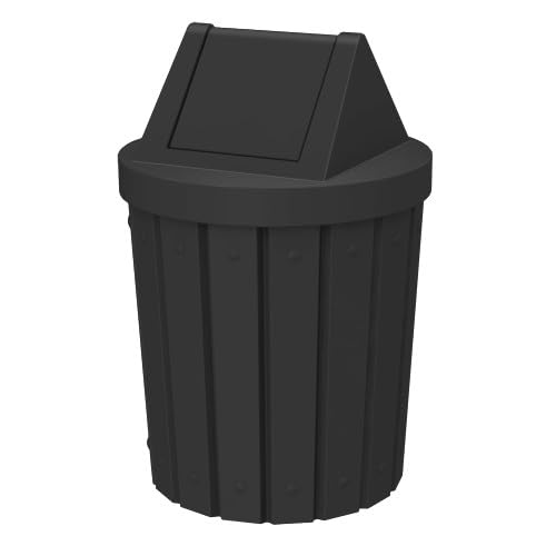 42 Gallon Round Slatted 100% Recycled Plastic Indoor or Outdoor Commercial Trash Can with Easy Access Swing Top Lid | Great for Schools and Businesses - Black