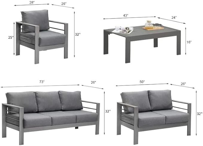 Solaste Aluminum Patio Furniture Set for All Weather, Oversized Metal Outdoor Furniture Set with 27.5" Deep Seating and 3.2" Wide Armrest, Outdoor Patio Conversation Set with 5" Cushion, Grey