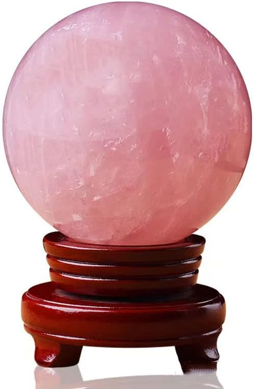 StoneStory Rose Quartz Crystal Sphere Ball with Wood Stand Large Healing Crystals Sphere Sculpture Home Office Decoration Fengshui Meditation Healing 90mm 3.54 inches (Rose Quartz, 3.54 inches )