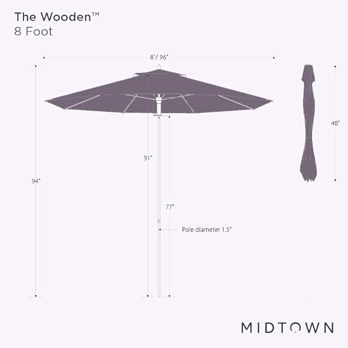 Midtown Umbrellas The Wooden 8 Feet Patio Umbrella With Sunbrella Capri Acrylic Fabric - Aluminum Frame Market Umbrella For Backyard, Deck, Garden, Pool - Wooden Pole