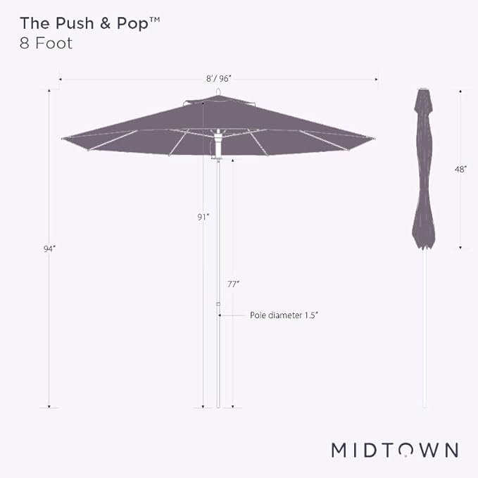 Midtown Umbrellas Push Pop Sunbrella Umbrella 8 Feet Outdoor Umbrella in Bay Brown Fabric - Patio Umbrella, Backyard Umbrella, Garden Umbrella, Picnic Table Umbrella & Pool Umbrella - Black Pole