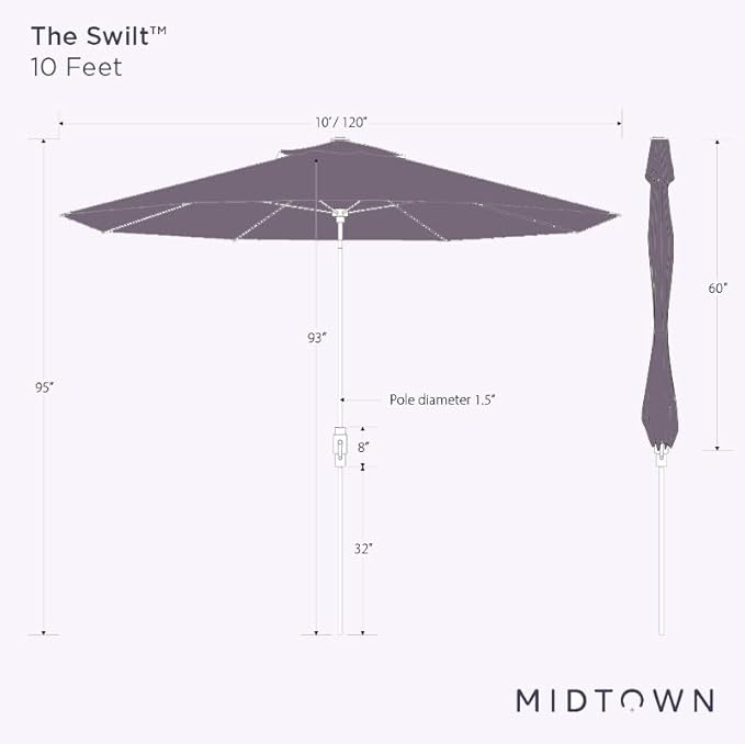 Midtown Umbrellas The Swilt 10 Feet Patio Umbrella in Sunbrella Heather Tan Acrylic Fabric - Fiberglass Ribs, Auto-Tilt Aluminum Frame For Backyard, Deck, Garden, Pool - White Pole