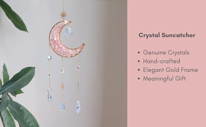 Moon Suncatcher Hanging Decor, Boho Chic Rose Quartz Crystal Sun Catcher, Spritual Sun Light Catcher for Windows, Crescent Moon Housewarming Gift (Rose Quartz)