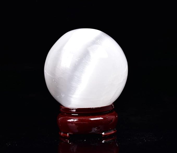 JIC Gem Selenite Crystal Ball with Wooden Stand Healing Crystal Sphere for Meditation, Home Decoration 2-2.3 Inch(50-60mm)
