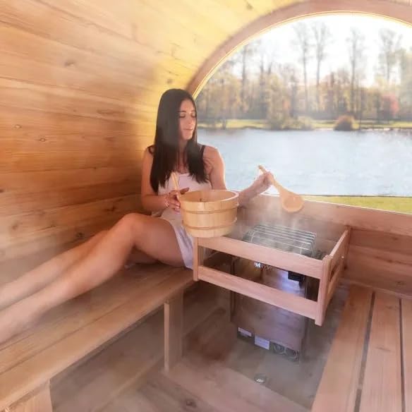 Smartmak Customized Outdoor Wood Barrel Steam Sauna, 2-10 Person Home Traditional Canadian Wooden Spa Room, with DIY Heating Stove, Rocks, Water Bucket, Spoon, Light, for Backyard, Garden, 195 ℉