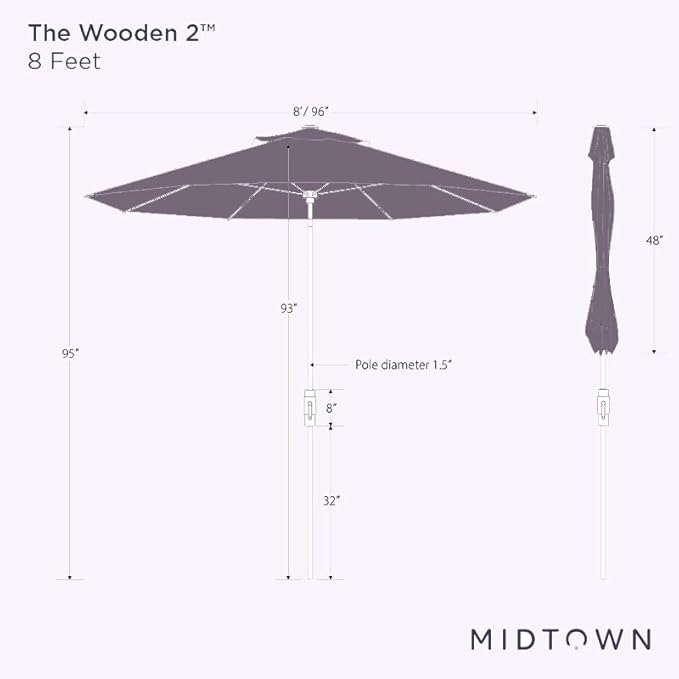 Midtown Umbrellas Wooden 2-8 Feet Outdoor Patio Umbrella, Terylast Sand Tan Fabric, Aluminum Frame For Backyard Umbrella, Deck Umbrella, Garden Umbrella & Pool Umbrella - Wooden Pole