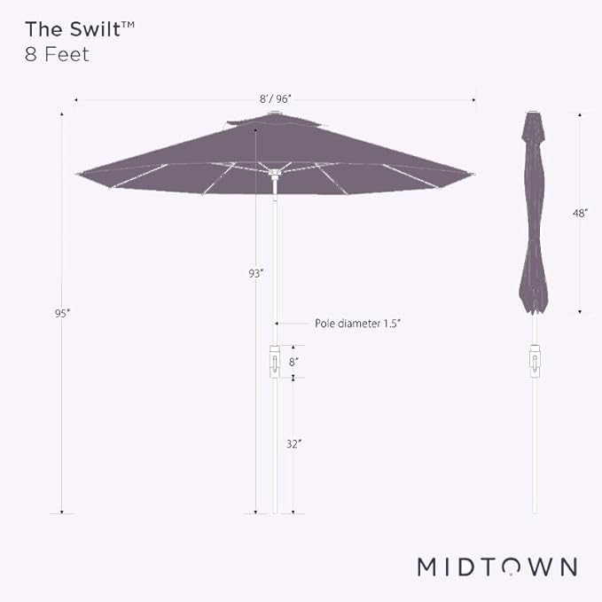 Midtown Umbrellas The Swilt 8 Feet Patio Umbrella in Sunbrella Canvas Teal Acrylic Fabric - Fiberglass Ribs, Auto-Tilt Aluminum Frame For Backyard, Deck, Garden, Pool - White Pole