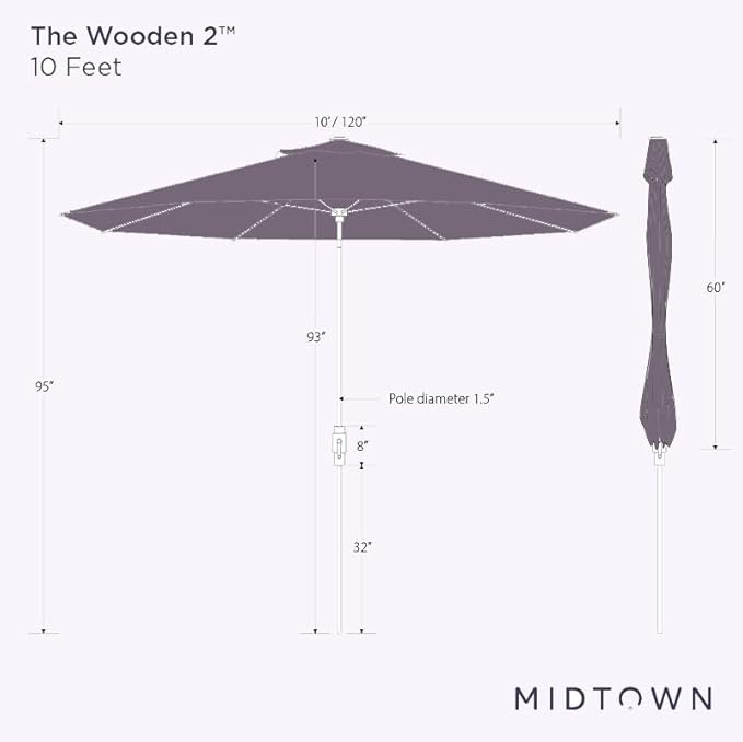 Midtown Umbrellas Sunbrella Umbrella Large Patio Umbrella 2-10 Feet in Capri Fabric, Auto-Tilt Aluminum Frame Backyard Umbrella, Deck Umbrella, Garden Umbrella & Porch Umbrella - Wooden Pole