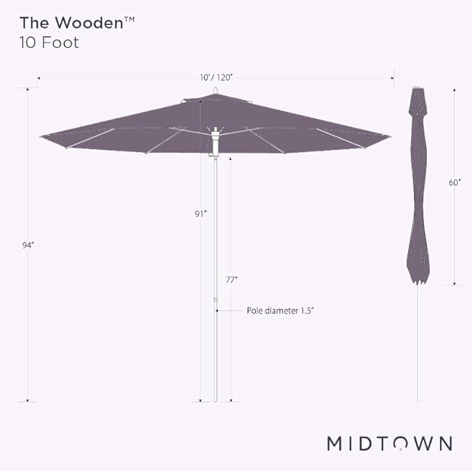 Midtown Umbrellas The Wooden 10 Feet Patio Umbrella With Terylast Ebony (Black) Polyester Fabric - Aluminum Frame Market Umbrella For Backyard, Deck, Garden, Pool - Wooden Pole