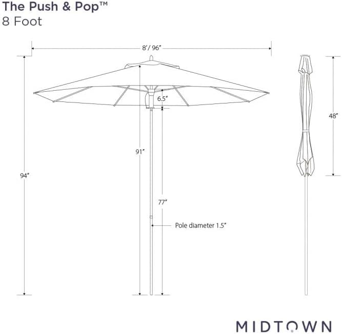 Midtown Umbrellas The Wooden 8 Feet Patio Umbrella With Terylast Red Stripes (Red/White Stripes) Polyester Fabric - Aluminum Frame Market Umbrella For Backyard, Deck, Garden, Pool - Wooden Pole