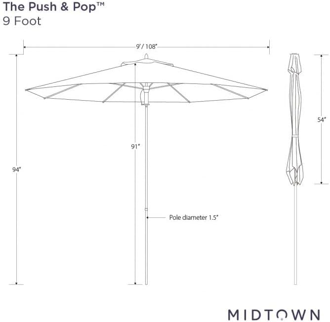 Midtown Umbrellas Push and Pop 9 Feet Outdoor Umbrella, Navy/White Stripes Polyester Fabric - Fiberglass Ribs Deck Patio Umbrella, Backyard Umbrella, Garden Umbrella & Pool Umbrella - Black Pole