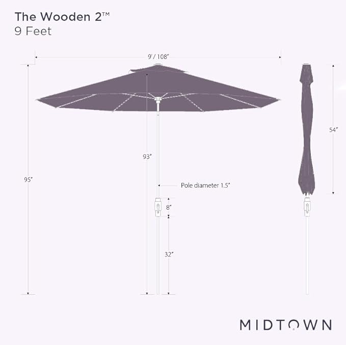 Midtown Umbrellas Wooden 2-9 Feet Outdoor Patio Umbrella, Terylast Apple Red Fabric, Aluminum Frame For Backyard Umbrella, Deck Umbrella, Garden Umbrella & Pool Umbrella - Wooden Pole