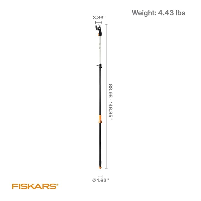 Fiskars 2-in-1 Extendable Tree Pruner and Pole Saw (Extends 7.9 - 12 feet) with Rotating Head, Pruning Stik Model with15-Inch Double-Grind Saw Blade, and Double Locking System