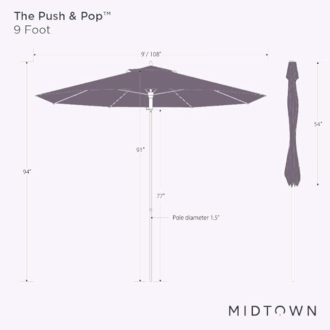 Midtown Umbrellas Push and Pop 9 Feet Outdoor Umbrella, Black/White Stripes Polyester Fabric - Fiberglass Ribs Deck Patio Umbrella, Backyard Umbrella, Garden Umbrella & Pool Umbrella - Black Pole