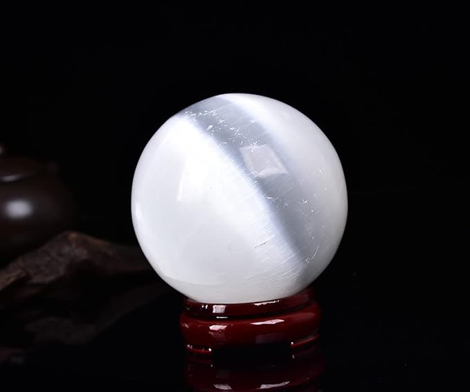 JIC Gem 3.5-4 Inch(90-100mm) Selenite Crystal Sphere with Wooden Stand Healing Crystal Ball for Meditation, Home Decoration