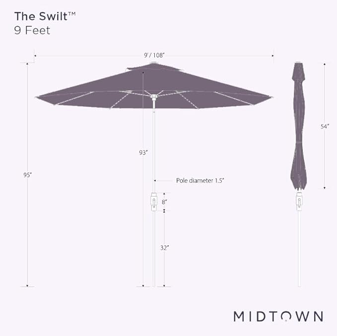 Midtown Umbrellas The Swilt 9 Feet Patio Umbrella in Sunbrella Bay Brown Acrylic Fabric - Fiberglass Ribs, Auto-Tilt Aluminum Frame For Backyard, Deck, Garden, Pool - White Pole