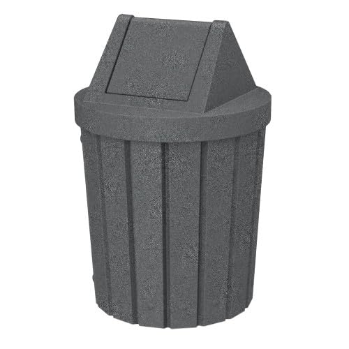 42 Gallon Round Slatted 100% Recycled Plastic Indoor or Outdoor Commercial Trash Can with Easy Access Swing Top Lid | Great for Schools and Businesses - Dark Granite