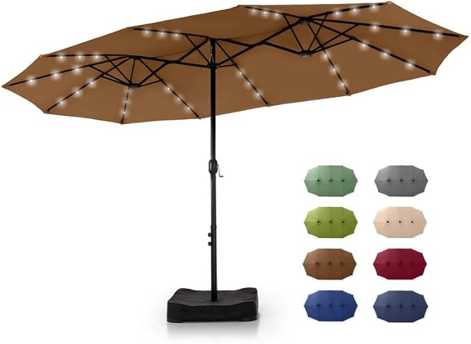 GREEN PARTY 15 ft Rectangle Patio Umbrella with Solar Lights and Base Included, Double-Sided Market Table Umbrella with Crank, Large Outdoor Umbrellas for Patio Poolside Garden Backyard, Tawny