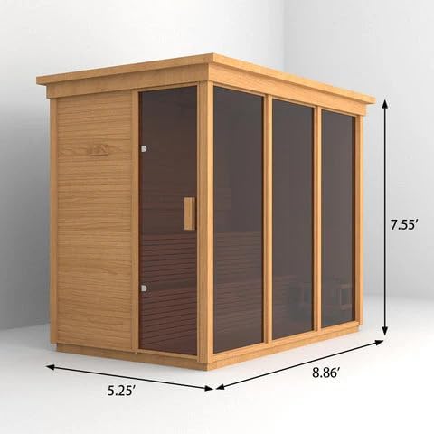 Customize Wood Burning Sauna 3-8 Person, Outdoor Red Cedar Steam Saunas, ETL Harvia Heater, Glass Wall Saunas, 220V, Rectangle Sauna Room with Backrest Headrest, Waterproofing System(0-195℉)