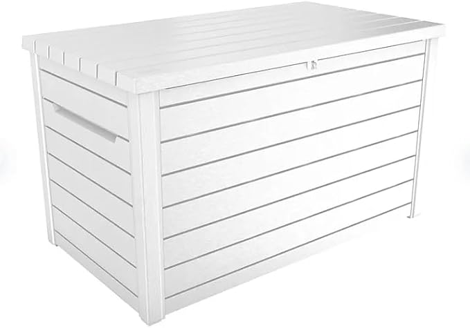 Stylish Indoor/Outdoor Storage Deck Box,Resin,Large Capacity, Weather-Resistant, Lockable lid and Side handles. (White, 230 Gallon)