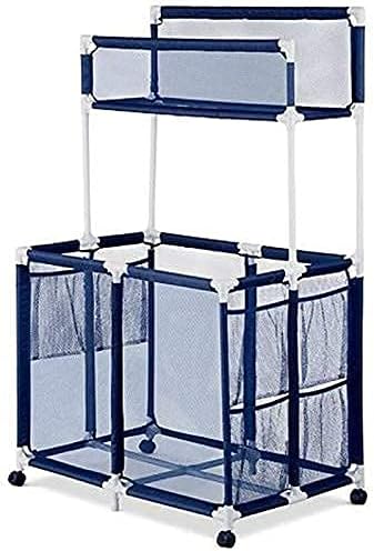 Essentially Yours Pool Storage Equipment Organizer Holder - Noodles, Toys, Balls, Floats Mesh Rolling Double Decker Bin, Large with Noodle Holder, (35.3" W x 23" L x 59.4" H), Blue/White Style 561935
