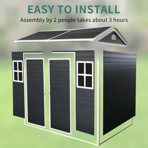 LANTRO JS Plastic Storage Shed with Floor, Resin Shed with Floor, 8x4FT Outdoor Shed with 2 Windows and Lockable Door Sheds for Garden Tools, Bike