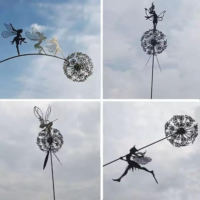 Flower Fairy Dancing with Dandelion, Art Sculpture Fairies for Fairy Garden, Angel Metal Ornaments Gardens Art Sculpture, Outdoor Decorations for The Courtyard, Christmas and Halloween Lawn (C)