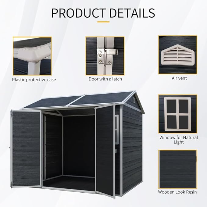 8x6 FT Resin Outdoor Storage Shed with Floor and 2 Windows, Outside Plastic Sheds Storage Clearance w/Lockable Door, Backyard Garden Tool House for Patio, Yard, Lawn, Bike, Black
