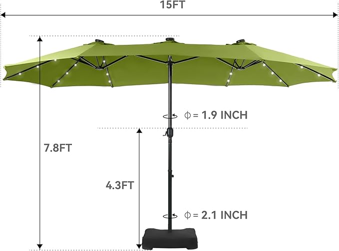 GREEN PARTY 15 ft Rectangle Patio Umbrella with Solar Lights and Base Included, Double-Sided Market Table Umbrella with Crank, Large Outdoor Umbrellas for Patio Poolside Garden Backyard, Lime Green