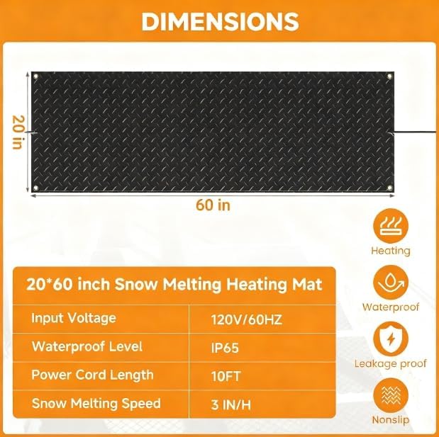 Snow Melting Mats Outdoor for Walkways, 20 x 60 in No-Slip Heated Outdoor Mats with 10 ft Power Cord, 3 in/h Speed Snow and Ice Melting Pads for Winter Backyards Snow Removal