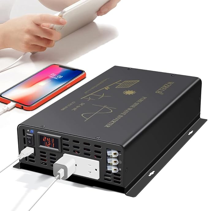 3000Watt Pure Sine Wave Power Inverter 24VDC to 120VAC 6000W Peak Built-in Soft Starter Dual AC Outlets 2× 2.4A USB Port &Hardwire Terminal Off-Grid Solar Converter RV Trucks (U5-300024)