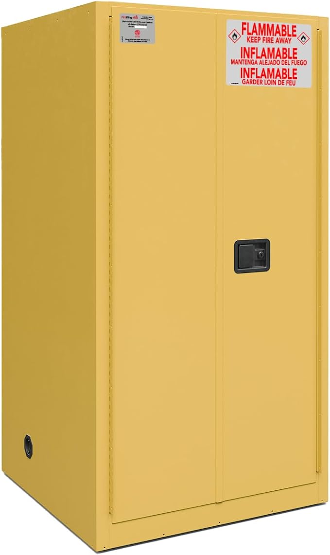 FireKing Yellow Flammable Safety Cabinet, Flammable Liquids Storage Cabinet, 60 Gallon Steel Safety Cabinets with Manual Door for Commercial, Industrial & Home Use, 34" x 34" x 65"