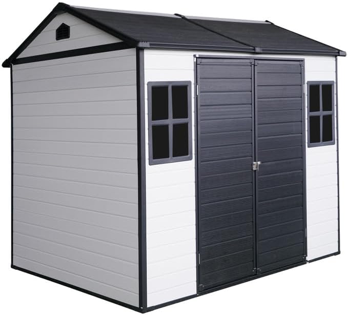8x6 FT Resin Outdoor Storage Shed with Floor and 2 Windows, Outside Plastic Sheds Storage Clearance w/Lockable Door, Backyard Garden Tool House for Patio, Yard, Lawn, Bike, Grey White