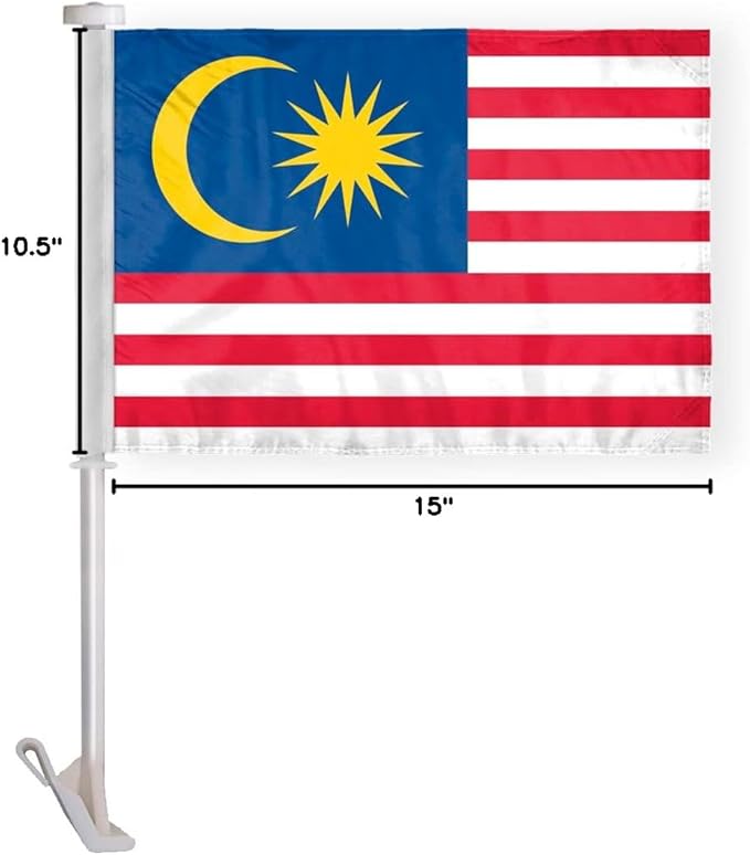 AGAS Malaysia Car Flag Premium 10.5x15 inch Printed Double Sided on Super Knit Polyester Fabric Double Stitched 19 Inch White Plastic Unbreakable Stiff Pole High Visibility Malaysian National Car Flag