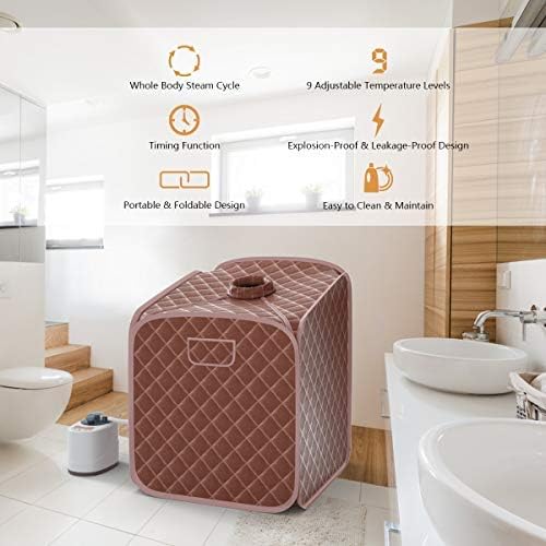 Giantex Portable Steam Sauna Spa 2L Folding Private Sauna Tent W/Chair Foot, Massage Roller, Absorbent Pad,9 Adjustable Temperature Levels for Stress Fatigue 33 x 33x 42 Inch (Coffee)