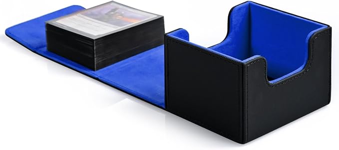 ZLCA Card Deck Box with 2 Dividers for MTG Cards, Large Horizontal Card Storage Box Fits 150+ Single Sleeved Cards, PU Leather Commander Deck Box for TCG CCG (Black& Blue)